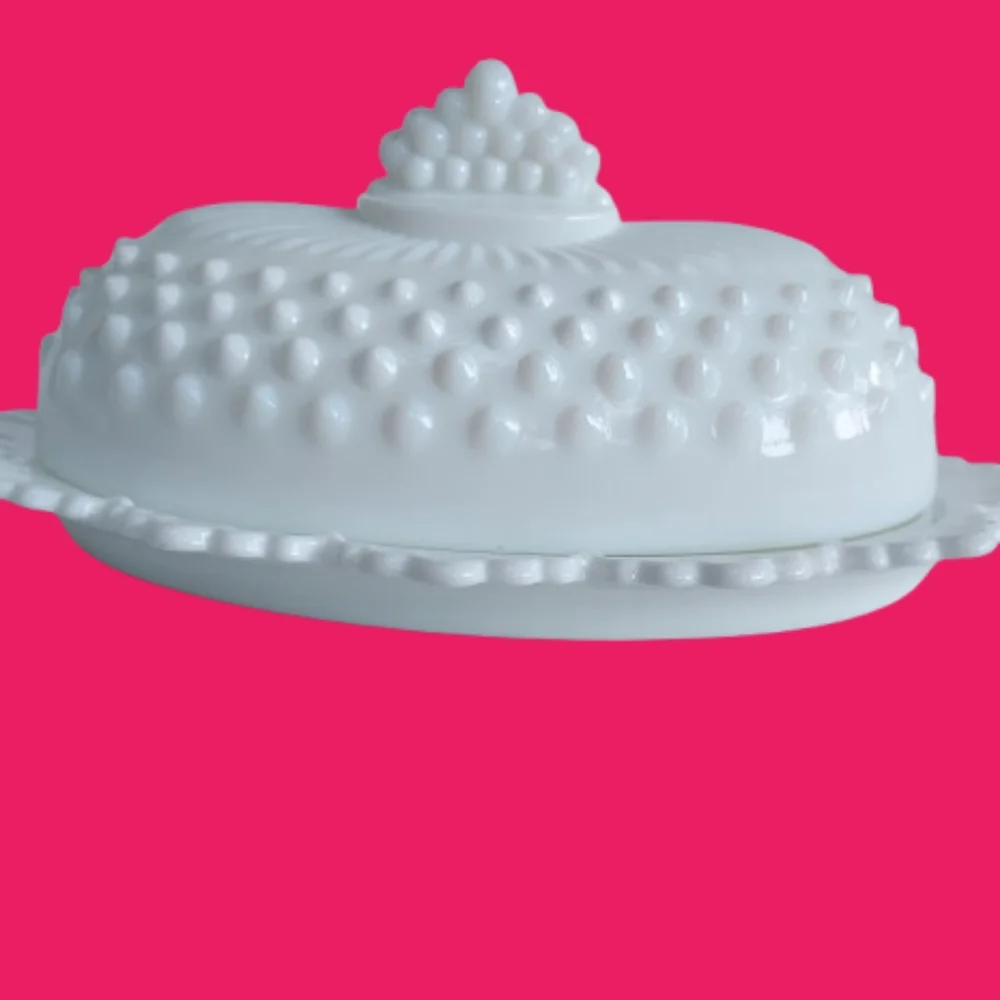 Vintage Milk Glass Butter Dish with Hobnail Detail VTG